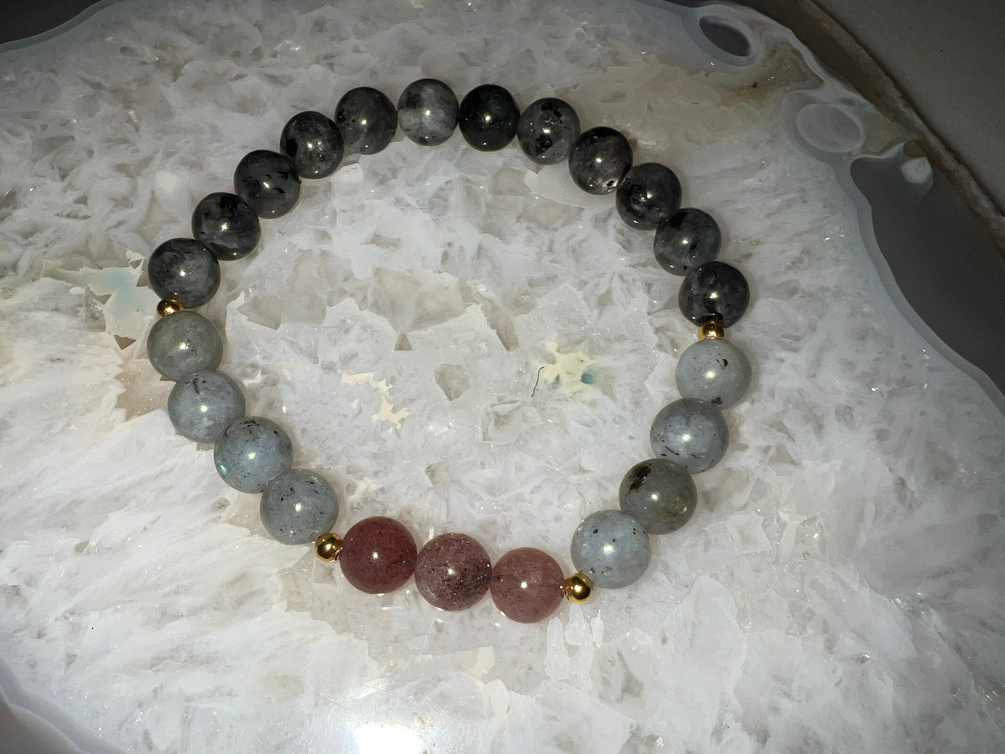 Men’s Labradorite Larvakite and Strawberry Quartz Crystal Bracelet