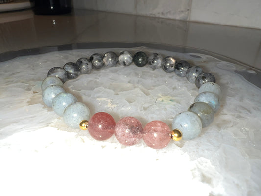 Men’s Labradorite Larvakite and Strawberry Quartz Crystal Bracelet